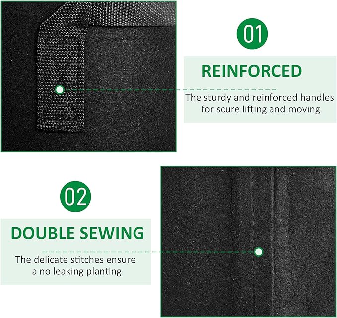 NYONG 12-Pack 20 Gallon Thickened Non-Woven Grow Bags, Aeration Fabric Pots with Handles（Black）