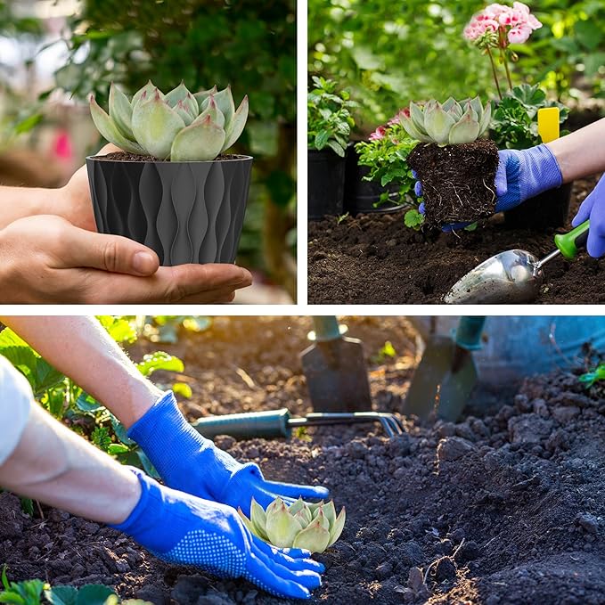 6 Pack 4 Inch Small Plant Pots with Saucers, 3D Textured Plastic Planters with Drainage Holes for Indoor and Outdoor Plants, Flowers, Herbs, Succulents, and Seedlings,Blue