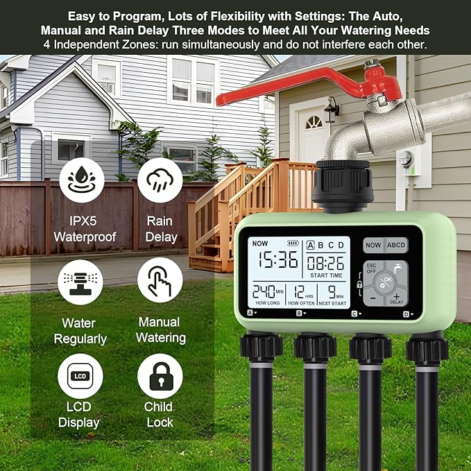 4 Outlet Sprinkler Timer, XinFuture Water Timer, Programmable Garden Hose Timer with Rain Delay, Manual& Automatic Watering System, Waterproof Digital Irrigation Timer for 4 Separate Water Zones