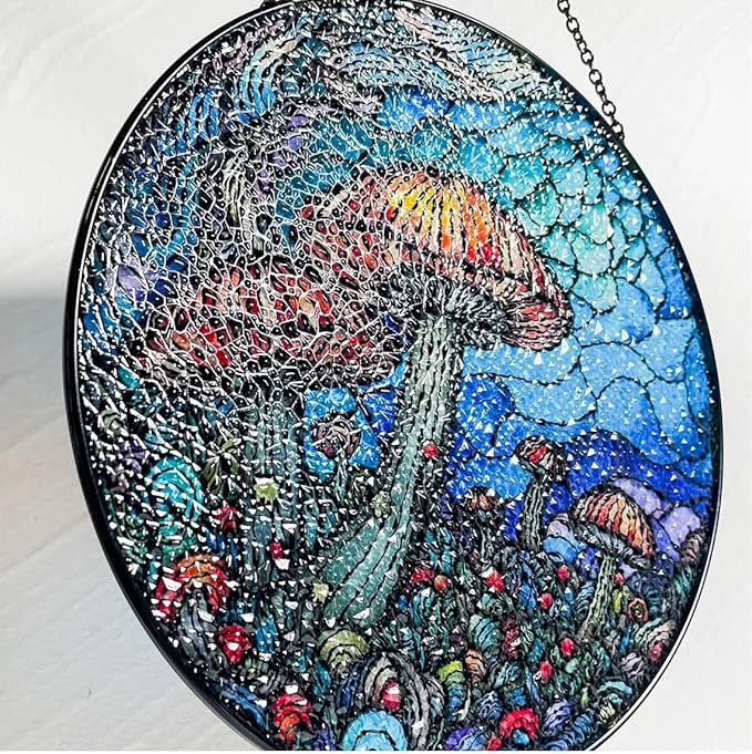 Stained Glass Window Hanging - 7.8‘’ "Enchanted Forest Mushroom Suncatcher for Home and Office Décor Sun Catcher Circular Artwork