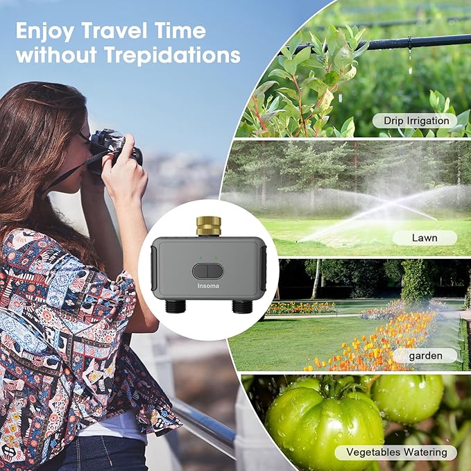 Smart Hose Watering Timer with Wi-Fi Hub, Automatic Irrigation System Controller for Lawns and Yard, Compatible with Alexa Dark Gray-Brass Inlet & Plastics Outlet (2-Outlet)