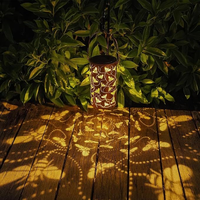 Solar Honeybee Lanterns Outdoor Hanging Decor Lantern,Waterproof Hollow Out Retro Metal Decorative Garden Light,Graceful Decoration for Patio,Yard,Landscape,Walkway,Festival