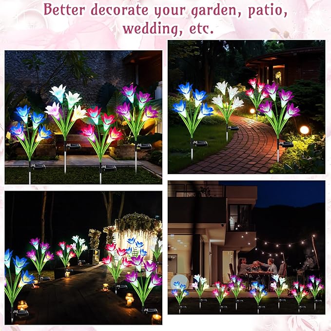 Retisee 8 Pcs Solar Lights Outdoor Solar Flower Lights with 32 Lily Flowers Waterproof Color Changing Outdoor Lights Solar Powered Lily Flower Lights for Patio Yard Garden Decoration