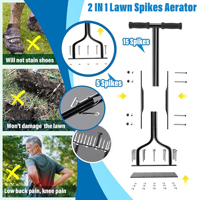 Lawn Aerator, Lawn Spike Aerator Manual Tool with 15 Pieces Solid Steel Spikes, Garden Grass Aeration, Soil Aerating Tool with Clean Tool for Aerating Lawns and Yard Care