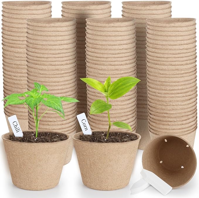 130 Pcs Organic Peat Pots, 4 Inch Nursery Pot Set, Round Plant Seedling Pots with Drainage Holes, Small Seed Starting Starter Tray Bulk, Garden Germination Container with 130 Plant Labels