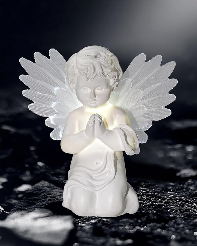 iStatue Solar Praying Cherub Angel Light with Fibre Optic Wings - 7.1'' Sympathy Remembrance Memorial Gift for Grave Ornaments Garden Decor (Kneeling Angel)