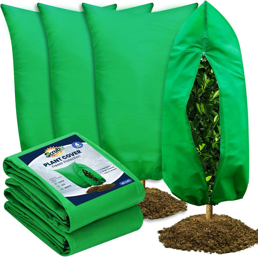 SCRUBIT Plant Covers Freeze Protection, 40" W x 47" H Frost Cloths for Outdoor Plants & Fruit Trees with Zipper and Drawstring, Thick Winter Plant Covers - 4 Pack Shrubs Frost Blankets