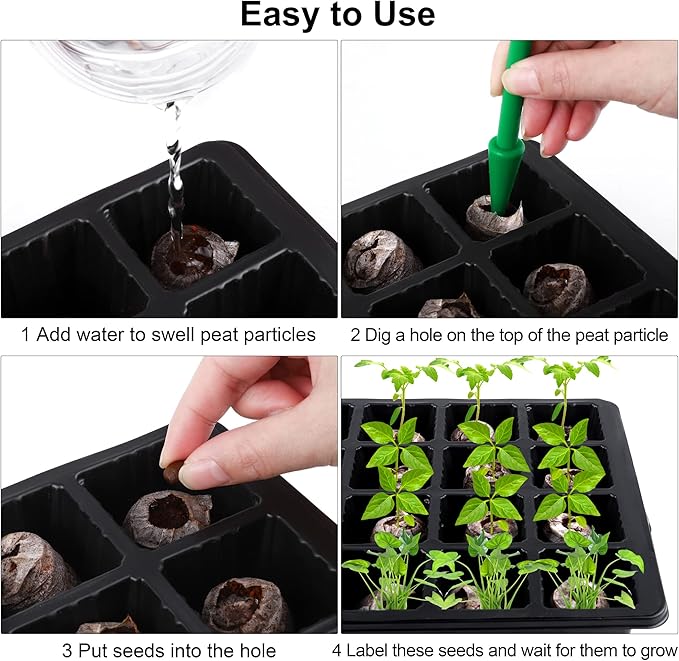 4 Pack 24-Cells Seed Starter Tray Kit Germination Tray with Humidity Dome and Base, Plant Growing Kit Germination Starter Including Peat Pellets, Plant Labels, Tool for Indoor Outdoor, Black
