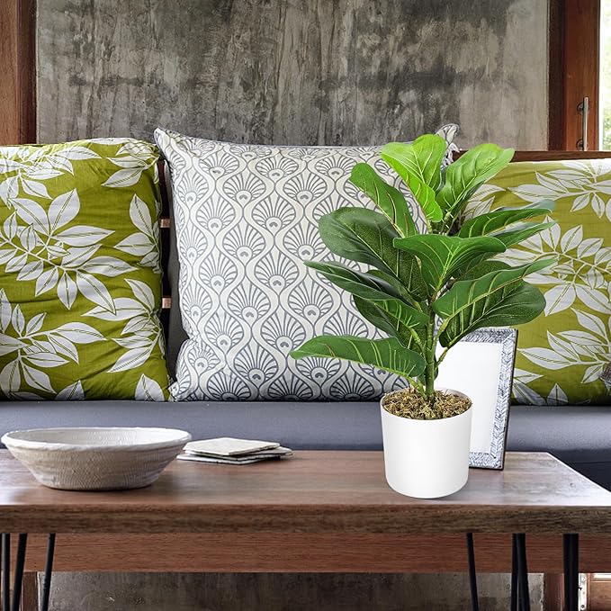 HUAESIN 18'' Artificial Fiddle Leaf Fig Tree Table Top Faux Ficus Lyrata Artificial Plants with 14 Leaves Potted Greenery Fake Plants for Home Office Living Room Balcony Indoor Modern Decoration