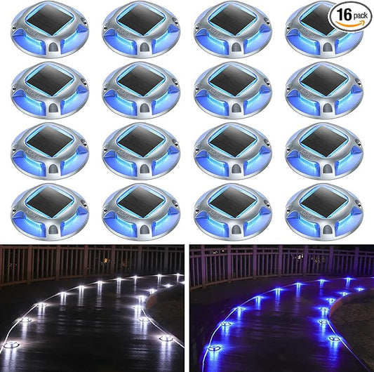 AGPTEK Solar Driveway Lights Outdoor 16 Pack, 2 Color Modes LED Deck Dock Marine Waterproof Security Marker Lights for Step Sidewalk Stair Garden Pathway Walkway Yard(Blue Light/Cool White)