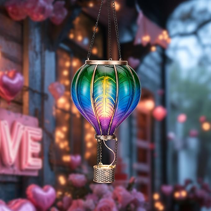 TERESA'S COLLECTIONS Hot Air Balloon Solar Lantern for Garden Decor ,Flickering Flame Hanging Solar Light for Outdoor ,Multicolor Plastic Lamp for Yard Tree Gift for Mom