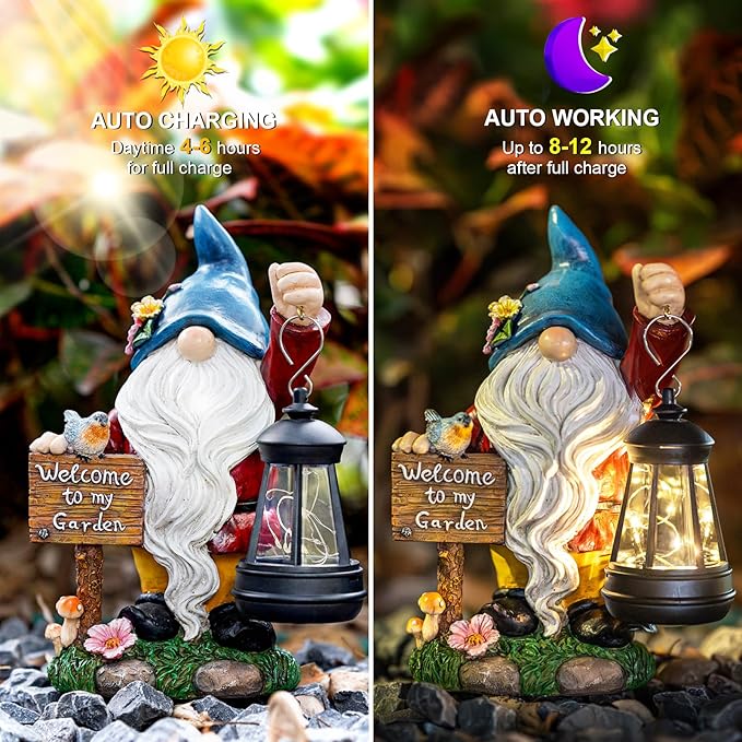 C&Y&G&X Solar Garden Gnome Statue – Waterproof Outdoor Decor with Solar Lantern LED Lights and Welcome Sign for Yard, Lawn, Patio – Ideal Gift for Grandma Mom Women