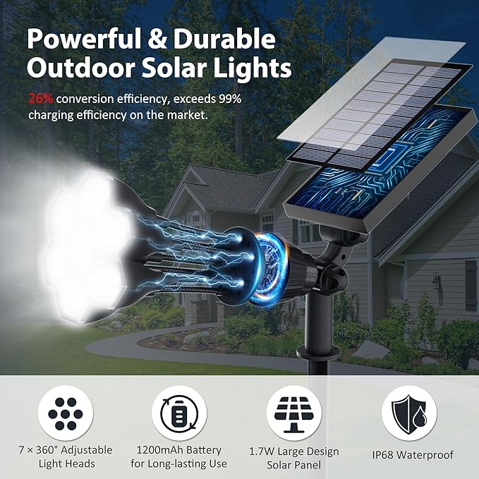 Solar Lights Outdoor Waterproof IP68, 360° Adjustable 4 Modes Solar Powered Spot Lights for Yard Garden Landscape, Bright Led Flood Lightings for Outside Wall Tree House Pathway (Cold White/4 Pack)