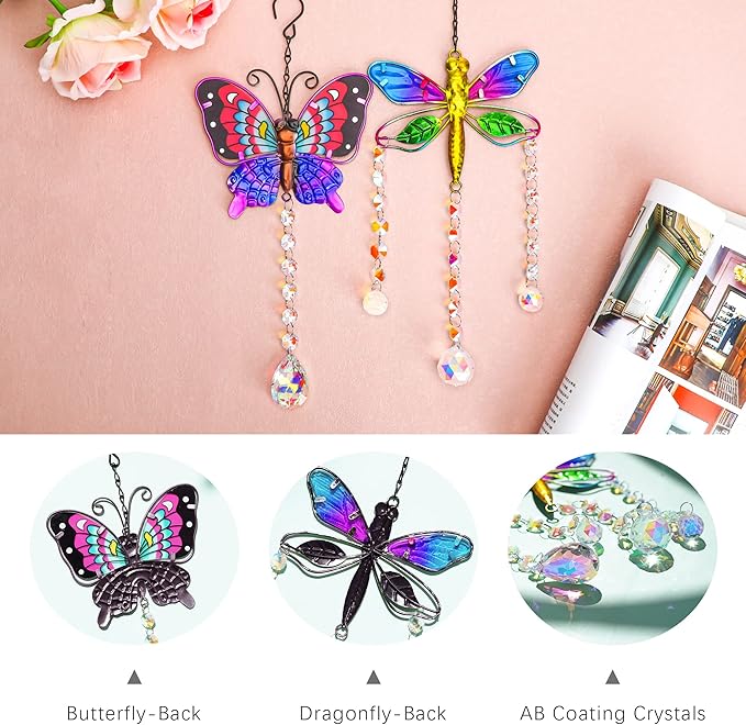 YU FENG Set 2 Suncatchers with Crystals,Stained Glass Butterfly Dragonfly Sun Catchers Window Garden Hanging Decoration Ornament,Prism Rainbow Maker Pendant