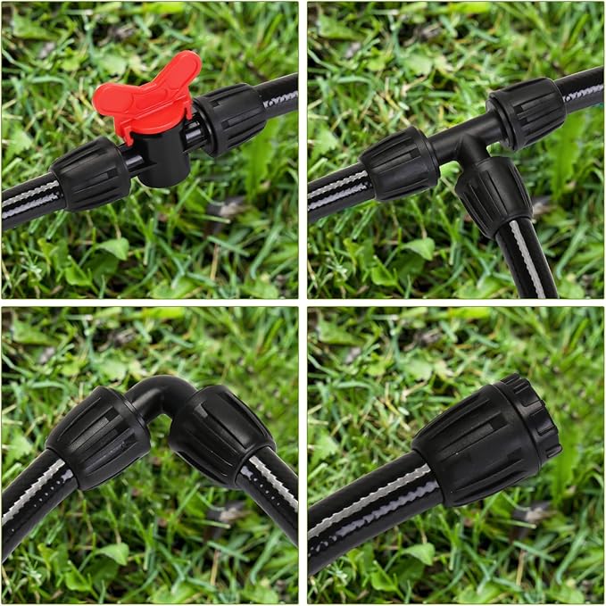 1/2 Inch Irrigation Tubing 25ft, Drip Irrigation System for Garden, (0.52″ ID X .0.60″ OD) Black Dripline, Drip Irrigation Tubing w/One of 1/2” Coupling, Elbow, Tee and End Cap.