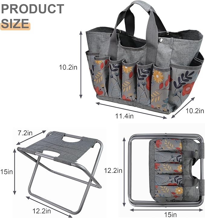 MDSTOP Folding Gardening Stool with Detachable Storage Tote Bag, Gardening Tools Set Organizer for Fishing Outdoor Sports Hiking Camping Garden, Gardening Gifts for Mom/Dad, Without Tools (Aluminum)