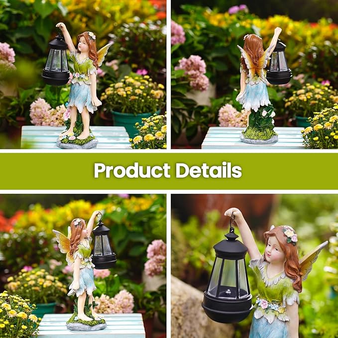 Fairy Garden Statue Solar Garden Fairy with Lantern Light Outdoor Garden Decoration Waterproof Solar Garden Sculpture for Patio Yard Lawn Gift for Mom Grandma