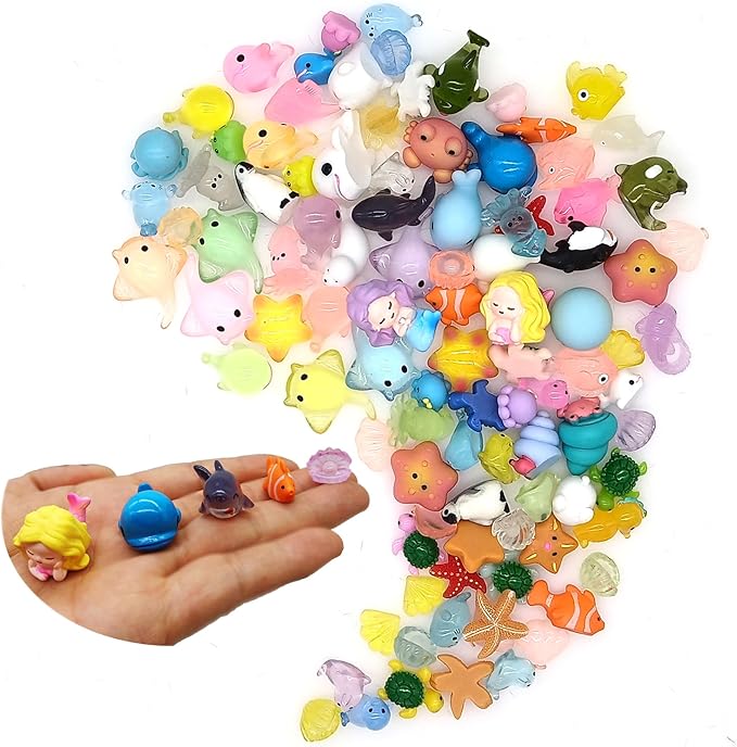 100 Pcs Ocean Mini Resin Animals Figures, Tiny Plastic Sea Creatures Figurines to Hide Miniature Fairy Garden Decorations Accessories