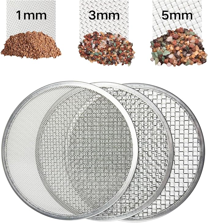 Soil Sifter for Gardening, Stainless Steel Sifting Pan Dirt Sifter, 9.5in Rock Sifter with 3 Sieve Mesh Filter Sizes (0.04",0.12",0.2")