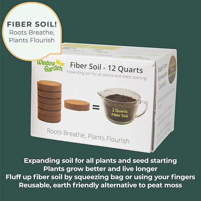 Window Garden Expanding Organic Fiber Soil 12qt and Hydrating Bag, Potting Soil for Planting Indoors or Outdoors, Plant Soil for Any Seed Starting Kit, Microgreens or Succulent, Easy-to-Store Soil