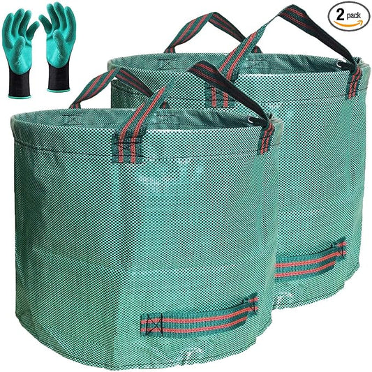Standard 2-Pack 16 Gallon Yard Lawn Garden Bags (D18, H15 inch) with Gardening Gloves, Yard Waste Bags,Garden Debris Bag,Camping Trash Bags,Recycling Bag,Laundry Bag,Lawn Weeds Bag,Leaf Bags 4 handles