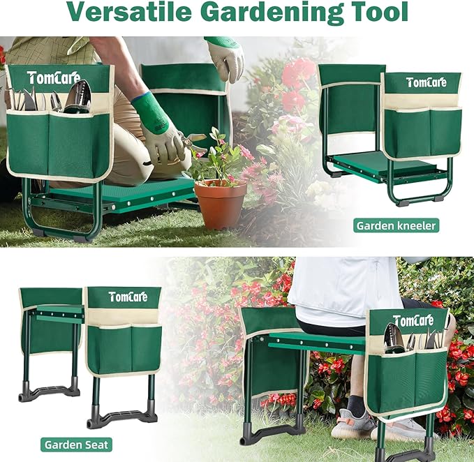 TomCare Garden Kneeler and Seat 10.24” Wide Kneeling Pad Garden Bench with 2 Tool Pouches Heavy Duty Stable Garden Stool Foldable Garden Tools Gardening Gifts for Women Men Seniors Gardeners, Green