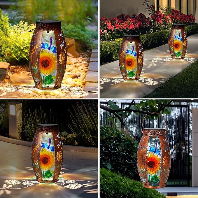 Solar Lanterns Outdoor Hanging Light - Sunflower Dragonfly Solar Powered LED Glass Lights Decorative Waterproof Tabletop Lamp with Hollowed-Out Design for Yard Table Patio Garden Pathway Holiday