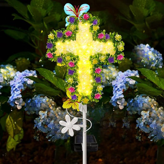 YJFWAL 1 Pack Solar Flowers Cross Garden Stake Lights, Yard Solar Lights Cemetery Decorations For Grave Outdoor Light Jesus Cross Sympathy Memorial Gift For Grandma, Garden Lawn Patio Pathway Deco