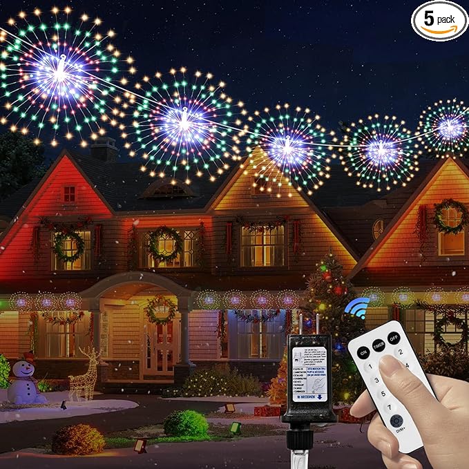 5 Pack 1000 LED Plug in Firework Lights Starburst Lights for Christmas Garden/Patio/Wedding/Party/Bedroom Outdoor or Indoor Decor，Waterproof Twinkle Light with 8 Modes(Multi Color)