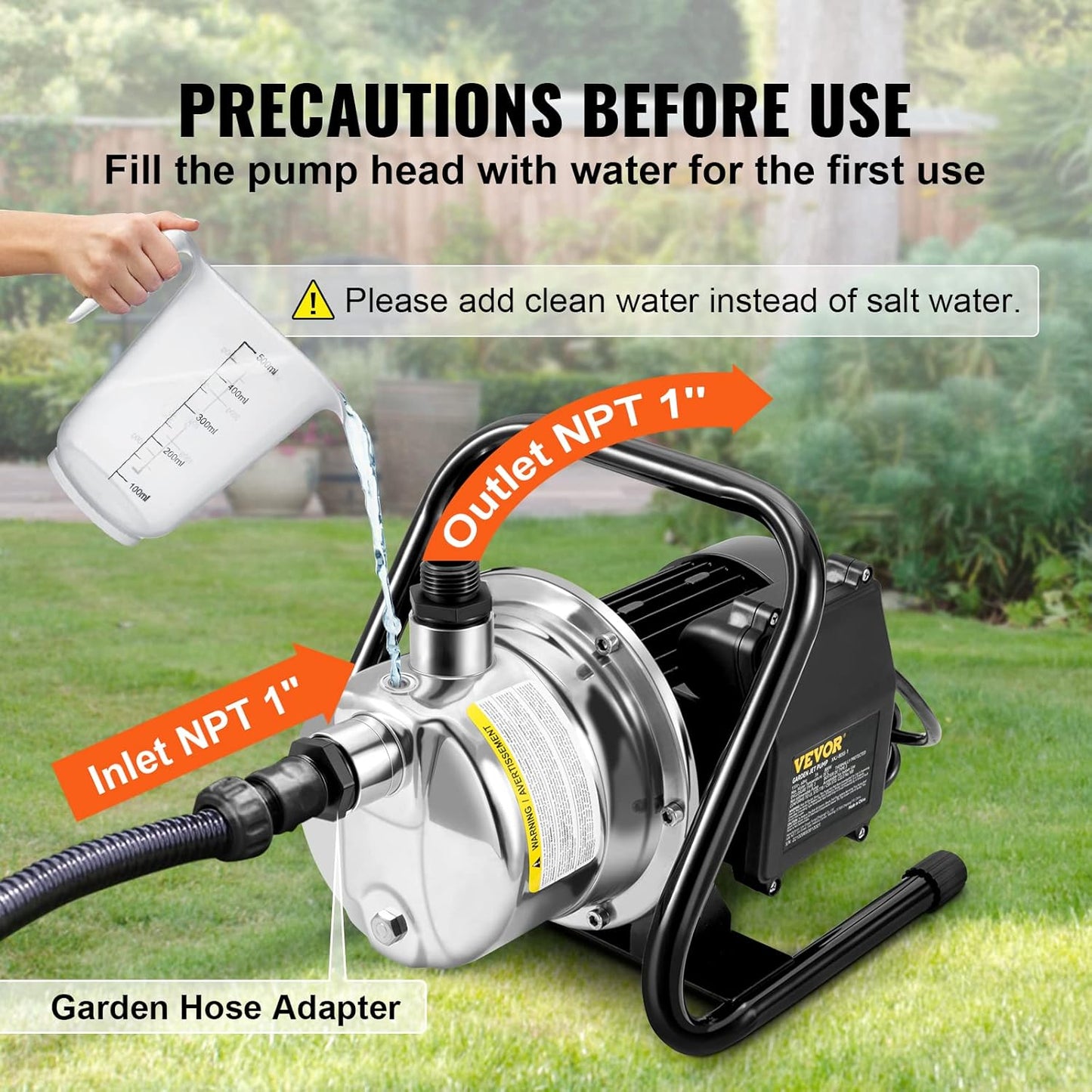VEVOR 1.5 HP Portable Shallow Well Pump, 1200 GPH Garden Jet Pump, 115V, 164 ft Height, Stainless Steel Sprinkler Booster Pumps for Garden Lawn Irrigation system, Lake Fountain, Water Transfer