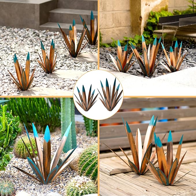 Tequila Rustic Sculpture, 2Pack DIY Rustic Hand Painted Metal Agave, Metal Agave Plant Home Decor, Garden Yard Sculpture Lawn Home Art Decoration Statue, Garden Ornaments Outdoor Decor (Small)