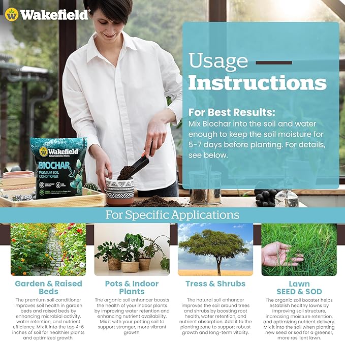 Wakefield Premium Biochar Soil Conditioner – 100% Pure Organic Biochar Soil to Boost Nutrient Retention & Water Efficiency for Houseplants, Gardens, & Lawns – 4 Quarts