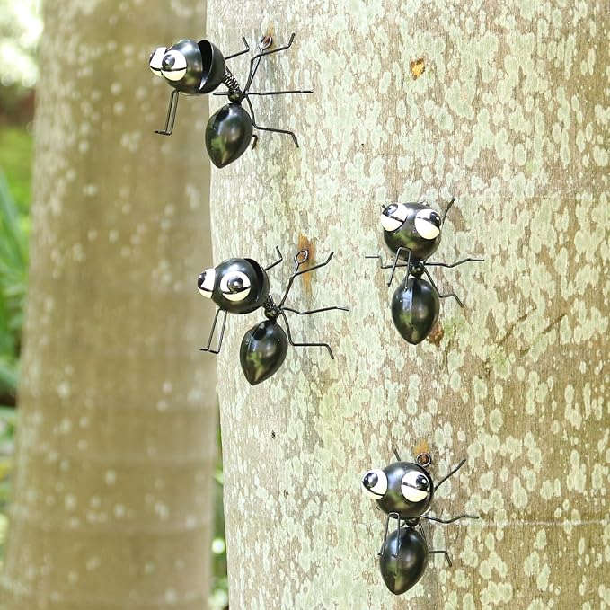 Metal Yard Art Garden Decorative Cute Ant Outdoor Wall Sculptures - Set of 4 Black