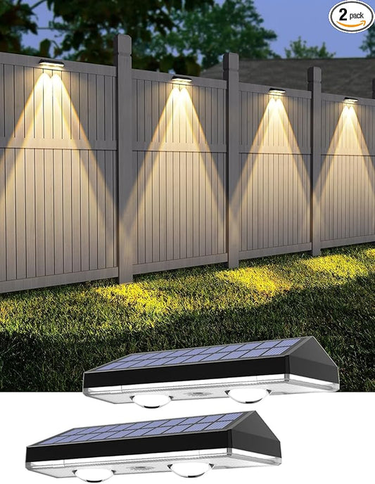 Solar Fence Lights,RGB & Warm White & 6 Colors Lens LED Dusk to Dawn Deck Light, Fence Solar Lights Outdoor Waterproof, Solar Outdoor Lights for Backyard/Railing/Wall/Step/Patio/Pool Set of 2