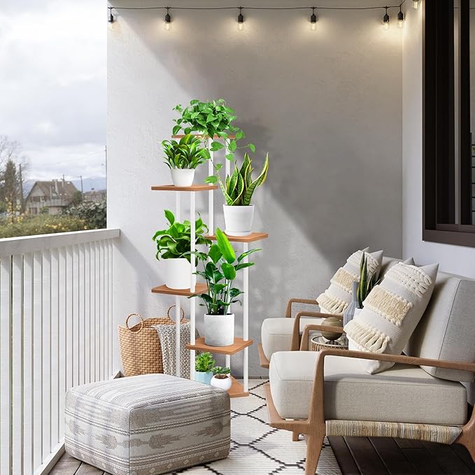 6 Tier Wood Tall Plant Stand Metal Rack Indoor, Multiple Flower Pot Holder Shelves Corner Rack, Planter Shelf Display Rack Storage Organizer for Patio Living Room Balcony Garden(White)