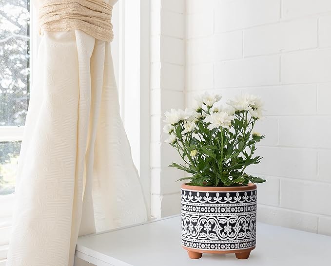 D'vine Dev Set of 2 Terracotta Planter Pots, 4.4 Inch & 6.4 Inch, Wave Pattern Plants Pot with Drainage Hole, Terracotta/Black, 31-953-F-2