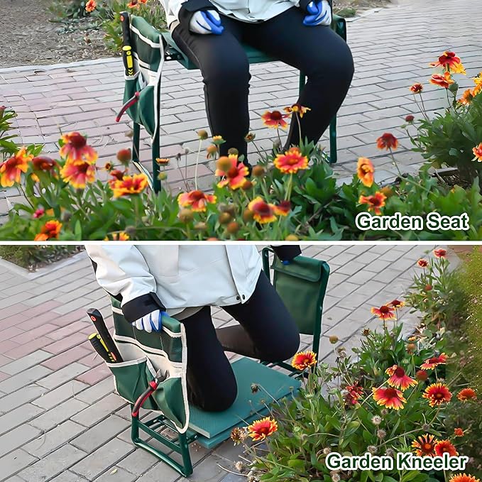 Upgraded Garden Kneeler and Seat with Oversized 10"x16" Pad– Foldable Kneeler and Stool for Gardening, Heavy Duty Gardening Stool with 2 Tool Pouches