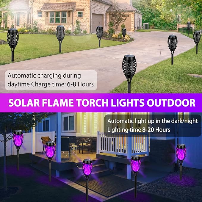 Solar Lights Outdoor Waterproof Purple, Upgraded 6 Pack Solar Tiki Torches with Flickering Flame for Garden Decor, Solar Outdoor Landscape Lights for Porch Yard Pathway Halloween Decorations