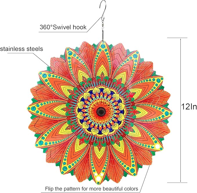 Wind Spinner Colorful Sunflower 12 inch 3D Stainless Steel Laser Cut Metal Double Sided Printing-Hanging Indoor/Outdoor Decorations Yard Gardening Decor,Metal Kinetic Art Ornament Gifts