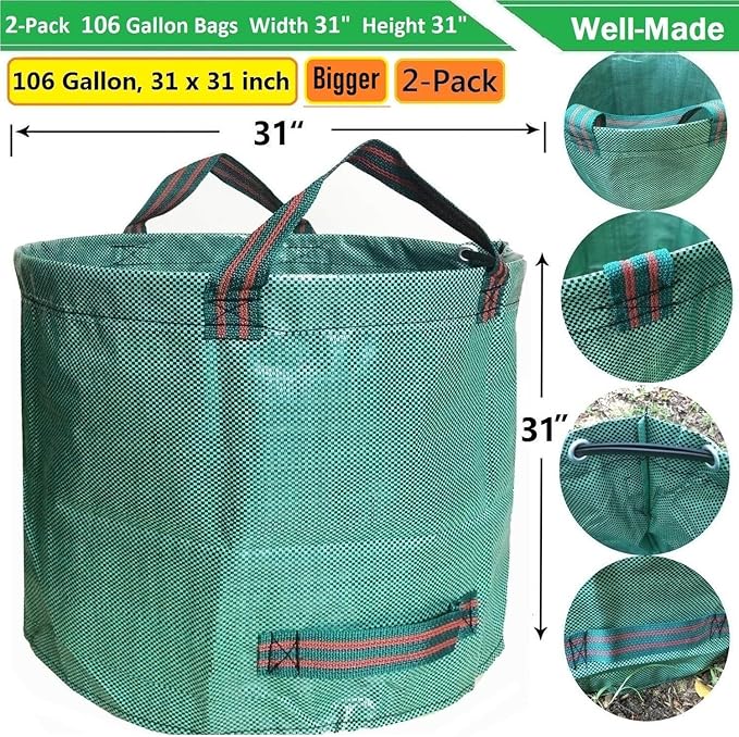 Professional 2-Pack 106 Gallon Yard Lawn Garden Bags Large (D31, H31 inches) Yard Waste Bags with Gardening Gloves, Big Leaf Bag,Debris Bag,Patio Waste Bag,Lawn Grass Bag,Garden Trash Bag W/ 4 Handles