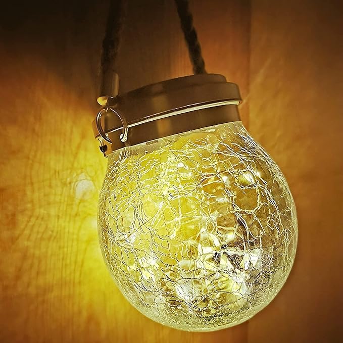 Solar Lantern Crackle Glass Ball, 4 Pack Garden Hanging Solar Lights Outdoor Waterproof Lanterns with 30 Warm White LED for Outdoor Decor Patio Yard Lawn Pathway