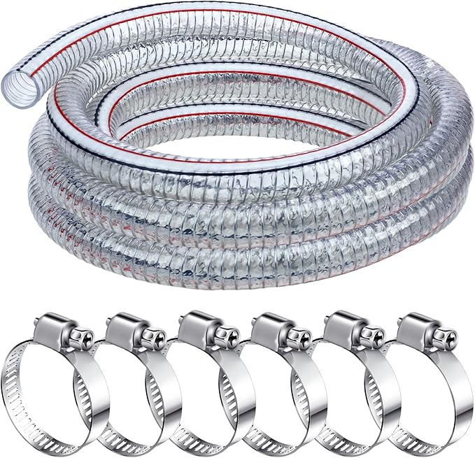 Frienda Heavy Duty Steel Wire Flexible Tubing with Fasteners PVC High Pressure Drain Hose Tube Pond Tubing Clear Wire Reinforced for Pond Bilge Pump Vacuum Suction Hose(10 Ft, 1 Inch Id)