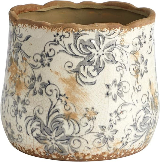 Nearly Natural 7in. Tuscan Ceramic Gray Scroll Planter