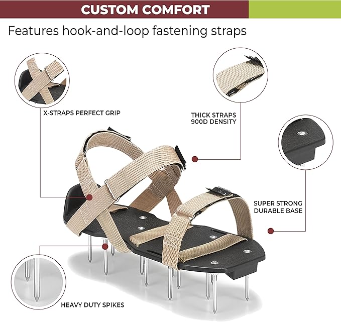 Lawn Aerator Shoes with Hook-and-Loop Straps, Pre-Assembled, Fully Adjustable, One-Size-Fits-All – Lawn and Garden Tool Reduces Thatch, Revives Soil Health (Camel)