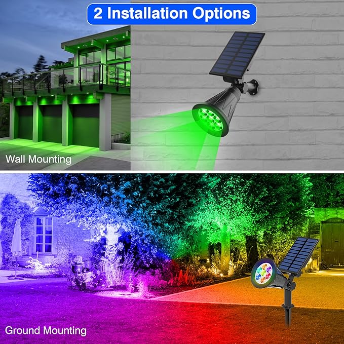 T-SUN Solar Spotlights, Color Changing 7 LED Waterproof Solar Garden Lights, Auto ON/OFF Adjustable Landscape Spot Lights, 2-IN-1 Solar Wall lights for Patio, Yard, Garden, Driveway, Pool Area(2 Pack)