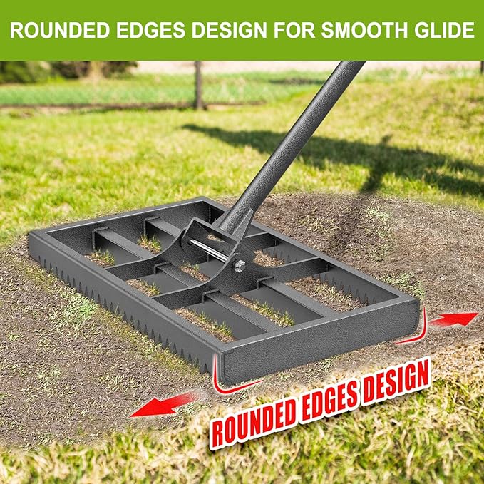 Lawn Leveling Rake with Rounded Edges, 17x10'' Leveling Rake with Tines to Level The Lawn, Heavy Duty Lawn Leveling Tool with 77'' Adjustable Handle to Make The Lawn Leveling Job Much Easier