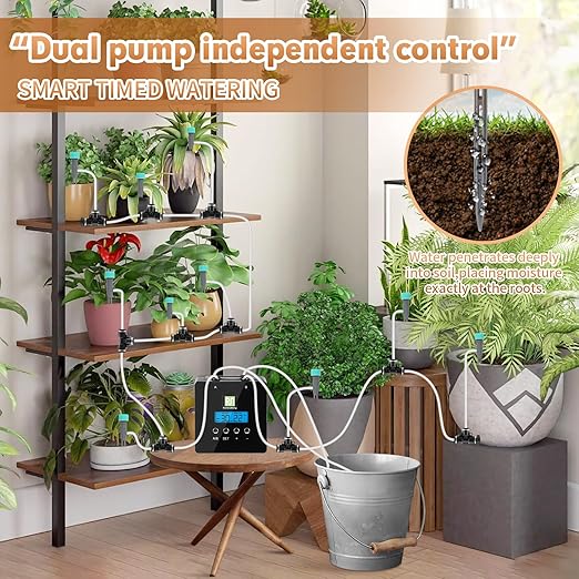 Automatic Plant Waterer Indoor with Adjustable Nozzle for 20 Potted Plants, Automatic Watering System with 2 Self-Priming Pump Devices and Programmable Watering Timer