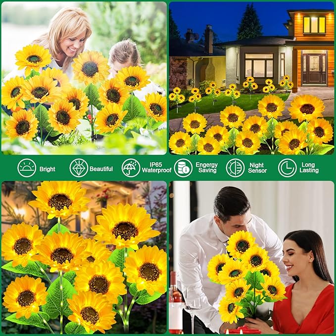 Outdoor Solar Garden Lights, 2024 Upgraded Waterproof Outdoor Solar Lights with 9 Bigger & Brighter Sunflowers, Garden Lights Solar Powered Outdoor Lights for Outside Patio Yard Decorations