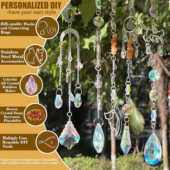 WASTROYAL 450 pcs DIY Sun Catcher Kit for Adult Crystal Suncatcher Rainbow Maker Crafts for Adults Sun Catchers Indoor Window Suncatcher Beads DIY Crystal Suncatcher Kit (Cat)