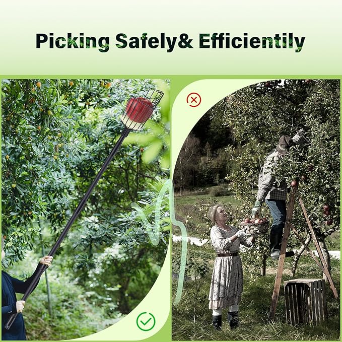Fruit Picker Pole with Basket - 8.43FT(101Inch) Adjustable Tree Gardening Supplies with Stainless Steel Handle Apple Picker Fruit Grabber Reach Tool for Mango Pear Orange Avocados Fruit Picking, Black